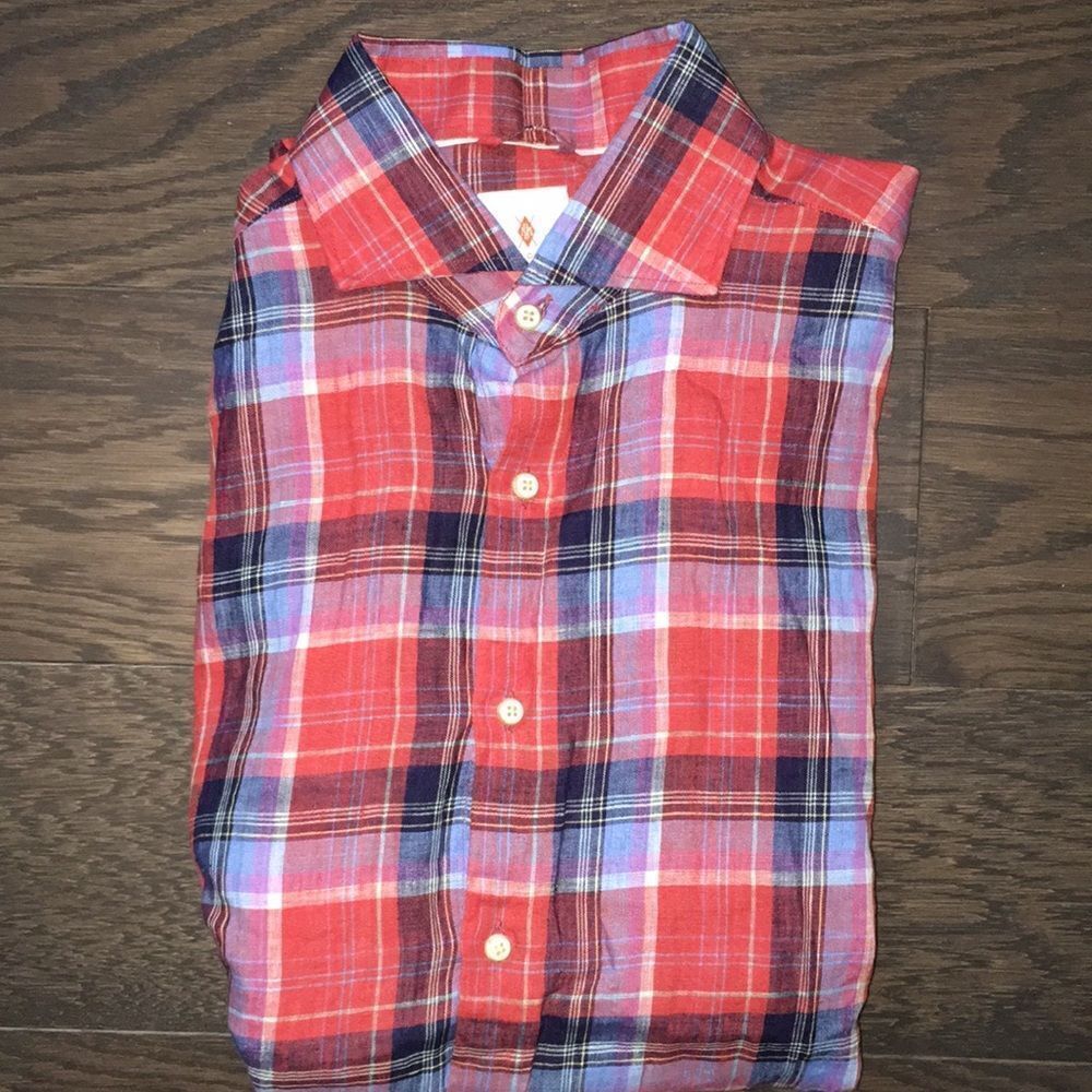 Red & Blue Martin Dingman Tartan Plaid Check 100% Linen LS Button down Shirt XL
